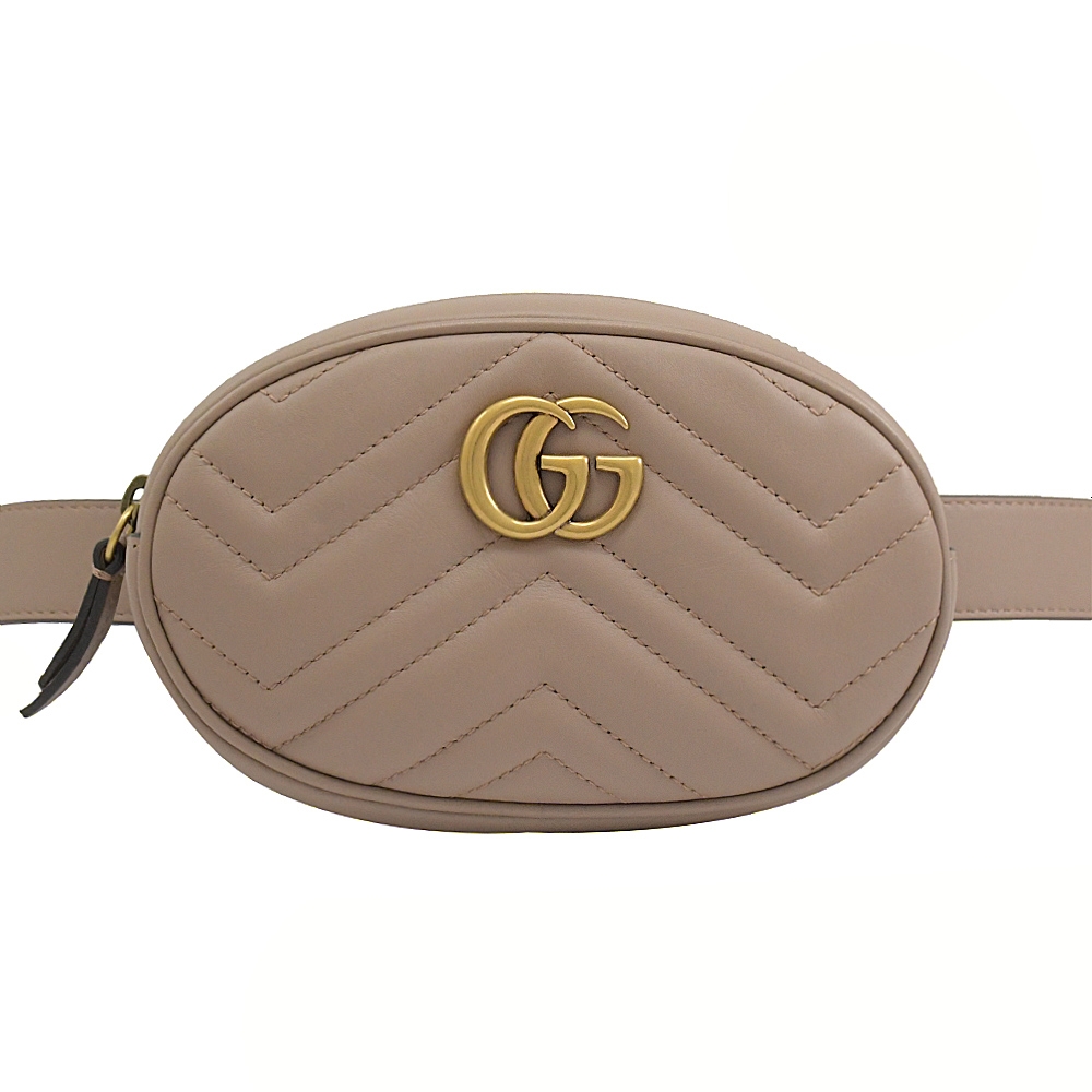 GUCCI Marmont 絎縫小牛皮金屬GG LOGO迷你腰包/胸口包 (裸粉)