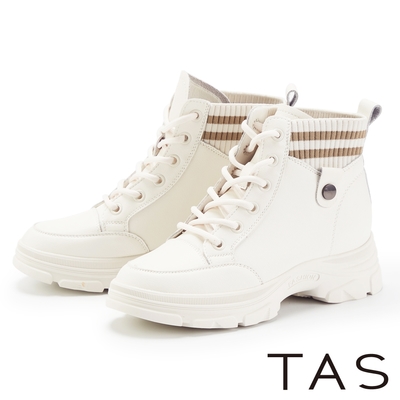 TAS 雙材質拼接綁帶高筒厚底休閒鞋 白色