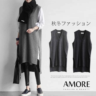 【Amore】秋冬時髦感V領無袖長版背心