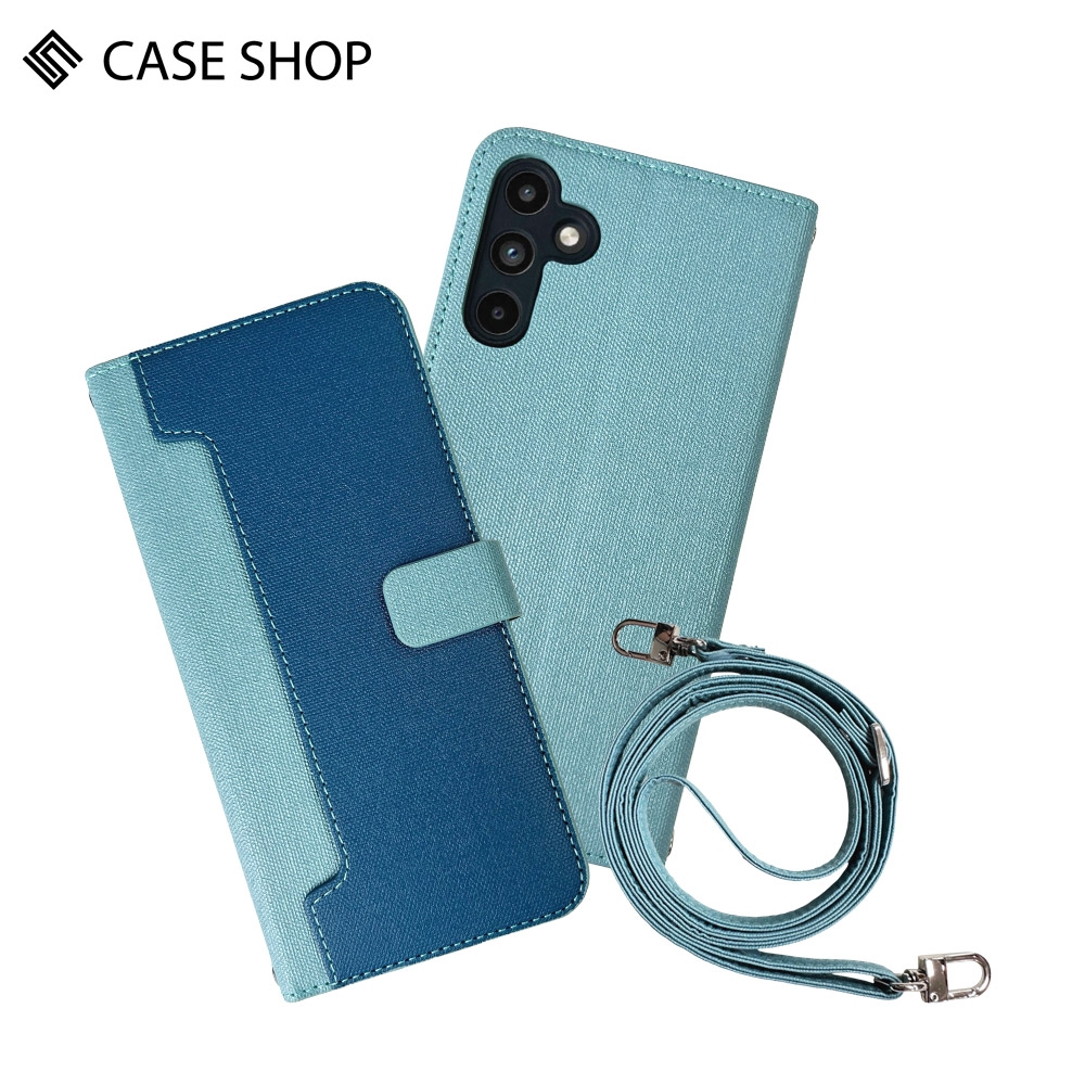CASE SHOP Samsung A15 前收納皮套背帶組-藍
