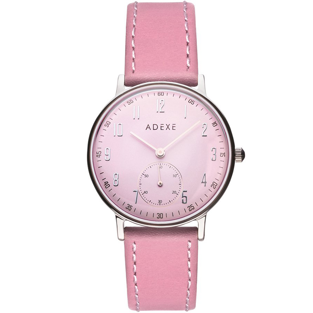 ADEXE 英國時尚手錶 Freerunner單眼系列 粉錶盤x銀錶框皮革錶帶32.5mm
