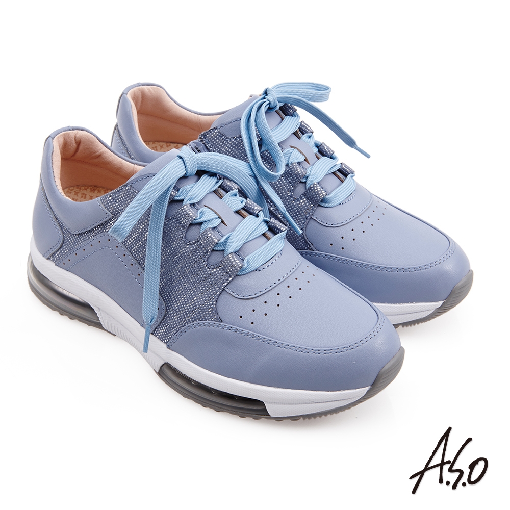 A.S.O 萬步健康氣墊鞋 側拉鍊雙氣囊休閒鞋-淺藍