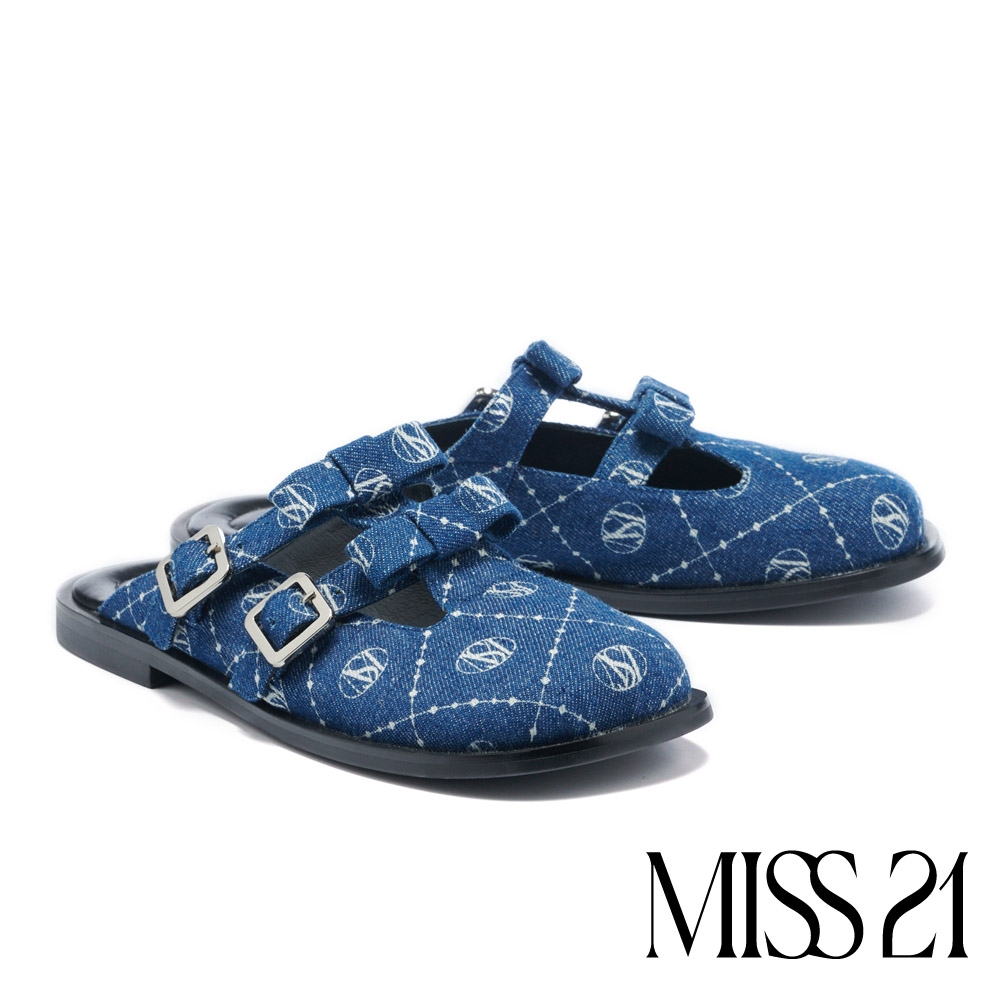 穆勒鞋 MISS 21 甜酷個性蝴蝶結銀釦丹寧大方頭低跟穆勒拖鞋－藍