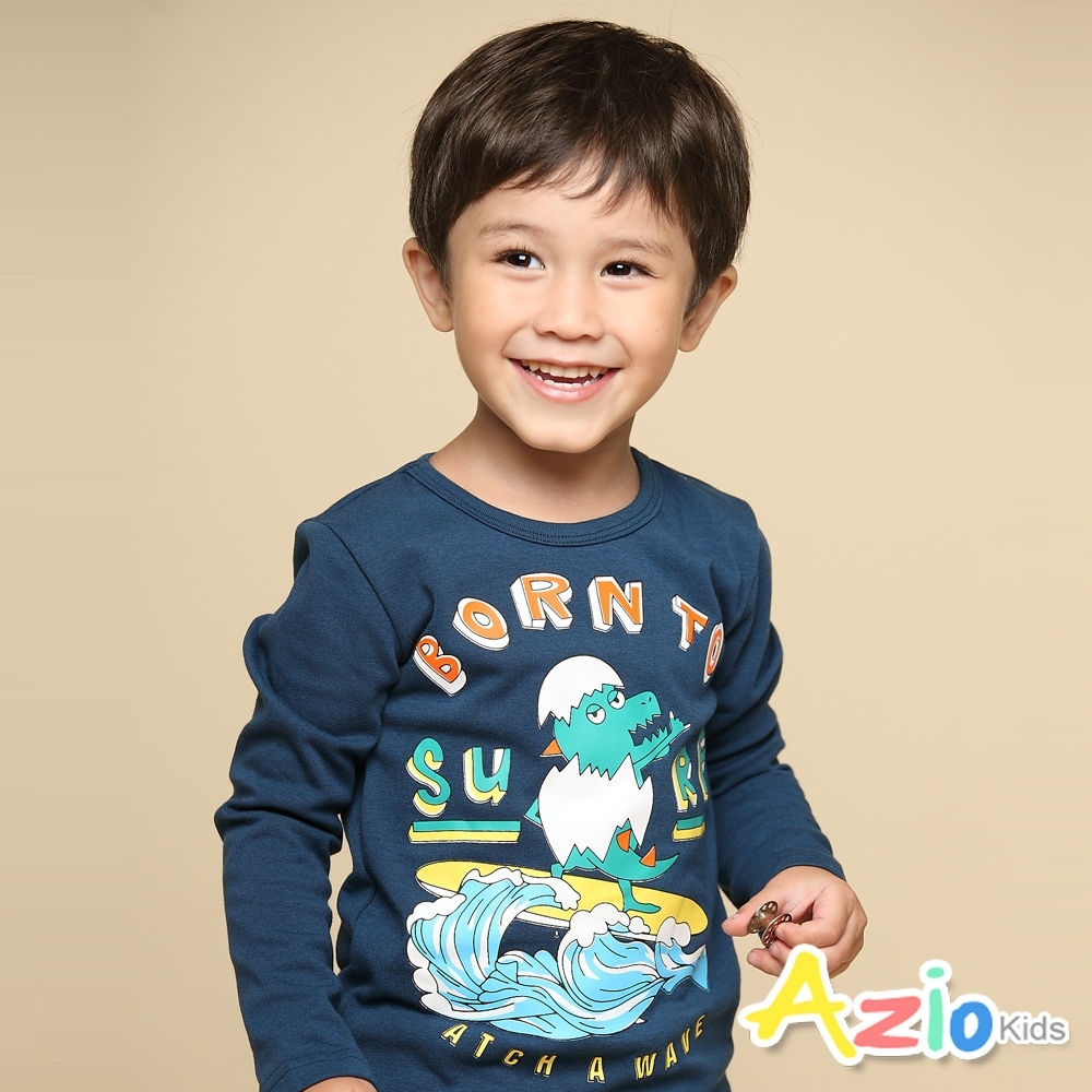 Azio Kids 男童 上衣  恐龍寶寶衝浪印花長袖上衣T恤(藍)