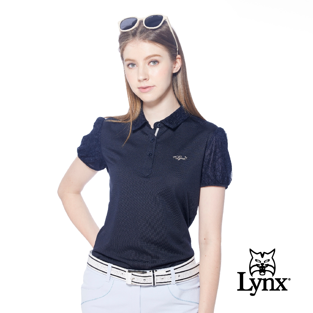 【Lynx Golf】女款吸濕排汗網眼材質蕾絲配布短袖POLO衫/高爾夫球衫-深藍色