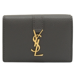 YSL Saint Laurent  金屬LOGO牛皮三折釦式小短夾(深灰)