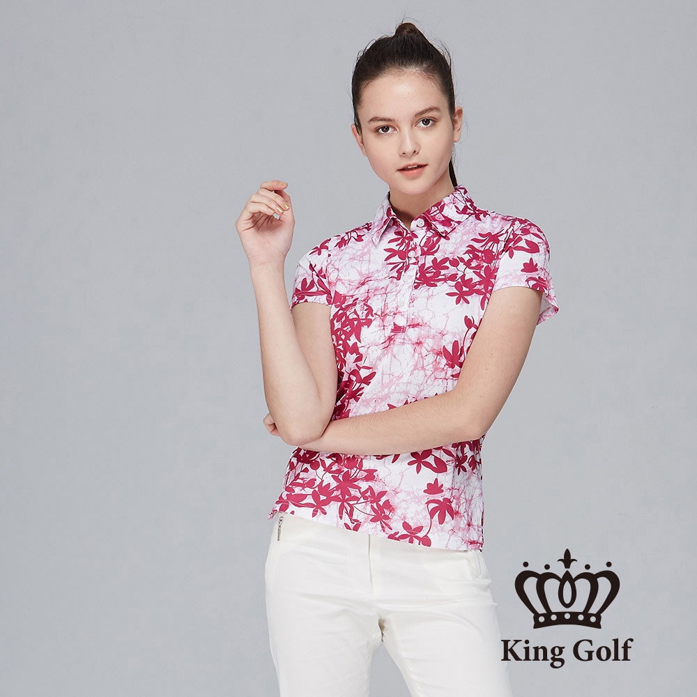 【KING GOLF】女款植物剪影暈染印圖造型POLO衫/高爾夫球衫-桃紅