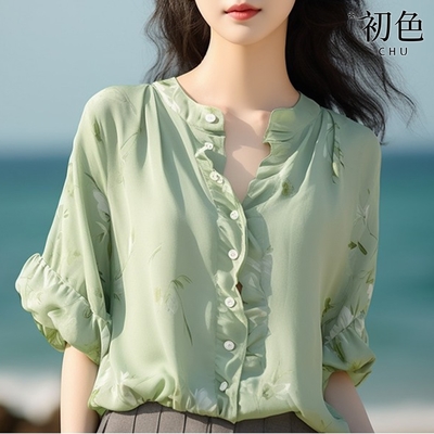 初色 純色碎花休閒緞面荷葉邊圓領五分袖襯衫女上衣-綠色-33753(M-2XL可選)