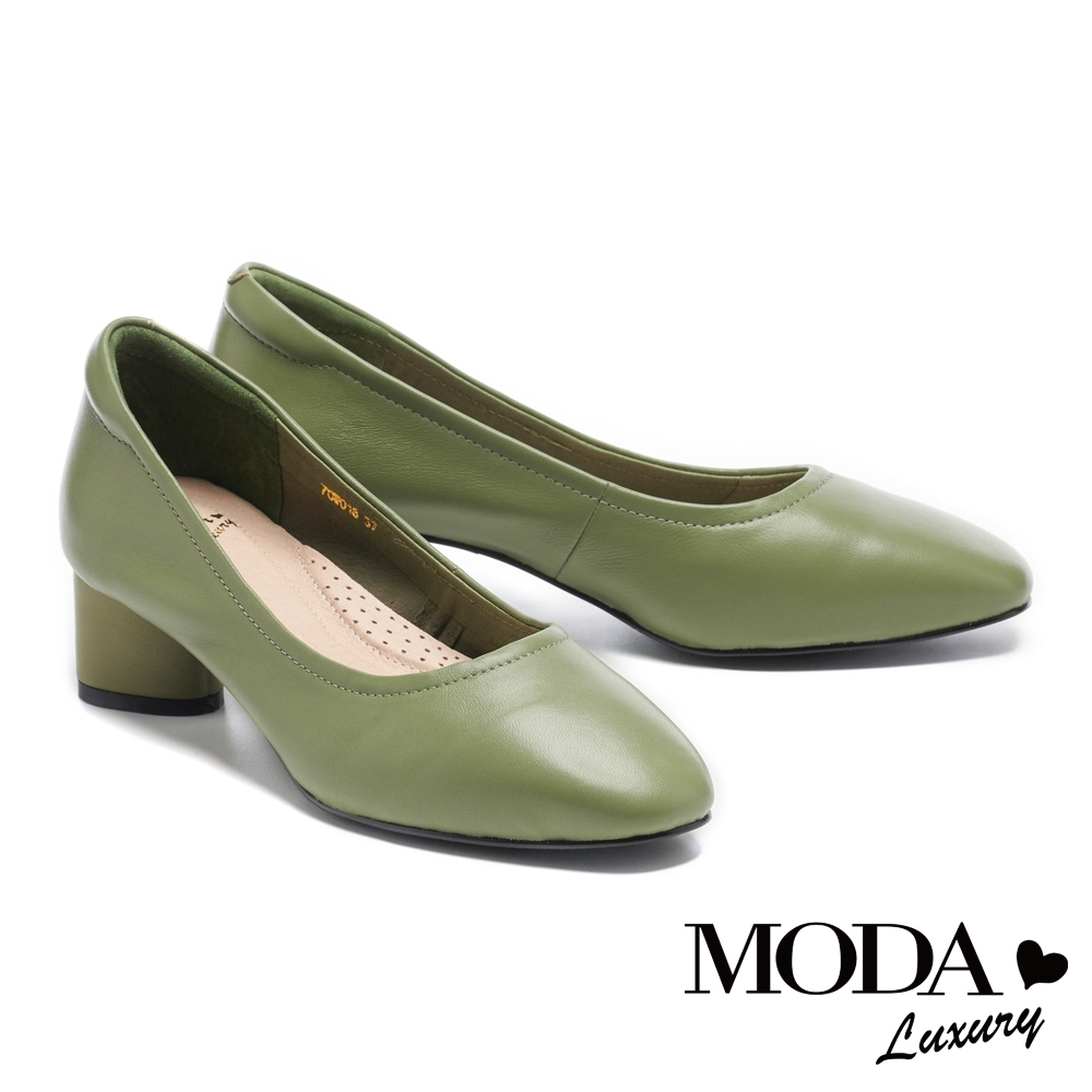 高跟鞋 MODA Luxury 簡約日常質感全真皮圓頭粗高跟鞋－綠