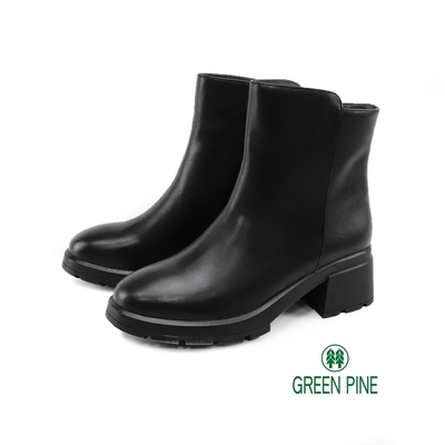 GREEN PINE寒流必穿個性造型牛皮中跟女短靴黑色(00187311)