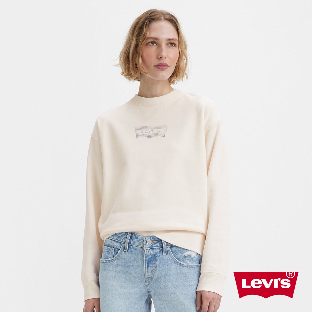 Levis 女款 寬鬆版大學T /鏡面反光Logo / 400GSM厚棉 牛奶白