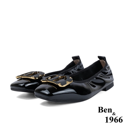 Ben&1966高級頭層牛漆皮流行娃娃鞋-黑(218211)