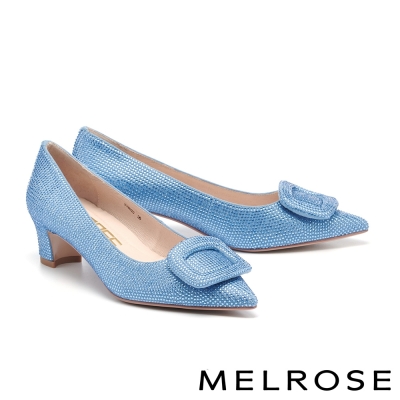 高跟鞋 MELROSE 美樂斯 奢華美學方釦水鑽麂布尖頭高跟鞋－藍
