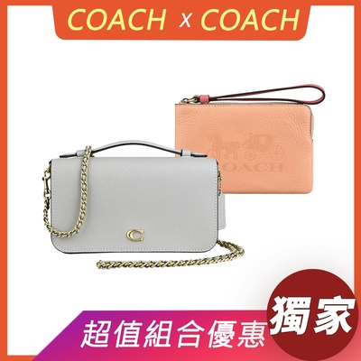 展示品COACH Bea黃銅C字LOGO十字紋牛皮鏈帶吸釦式手提斜背包(鴿子灰)+手拿包