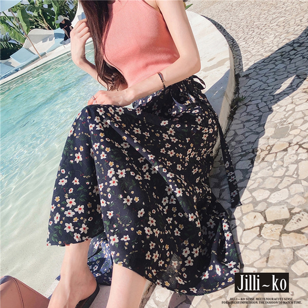 JILLI-KO 夏季印花一片式沙灘裙- 藍/黑