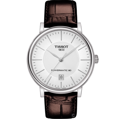 TISSOT 天梭 官方授權 CARSON 經典時尚80小時動力儲存機械錶(T1224071603100)咖啡/40mm