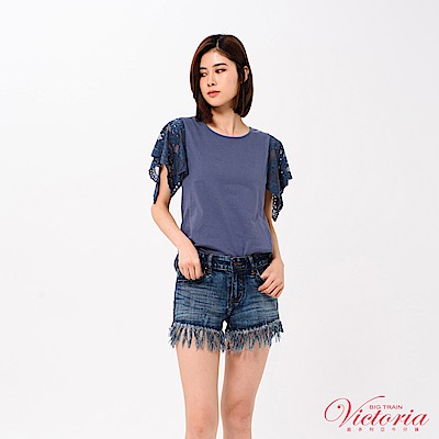 Victoria 袖蕾絲拼接短袖T-女-深藍