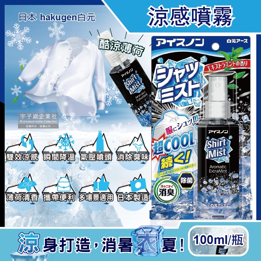 日本hakugen白元-夏日降溫衣物除臭涼感噴霧-酷涼薄荷100ml黑瓶(露營,運動,單車,爬山,路跑,外送皆適用)