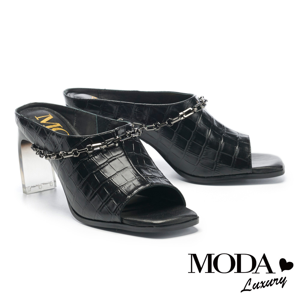 拖鞋 MODA Luxury 復古時尚鱷魚紋真皮高跟拖鞋－黑