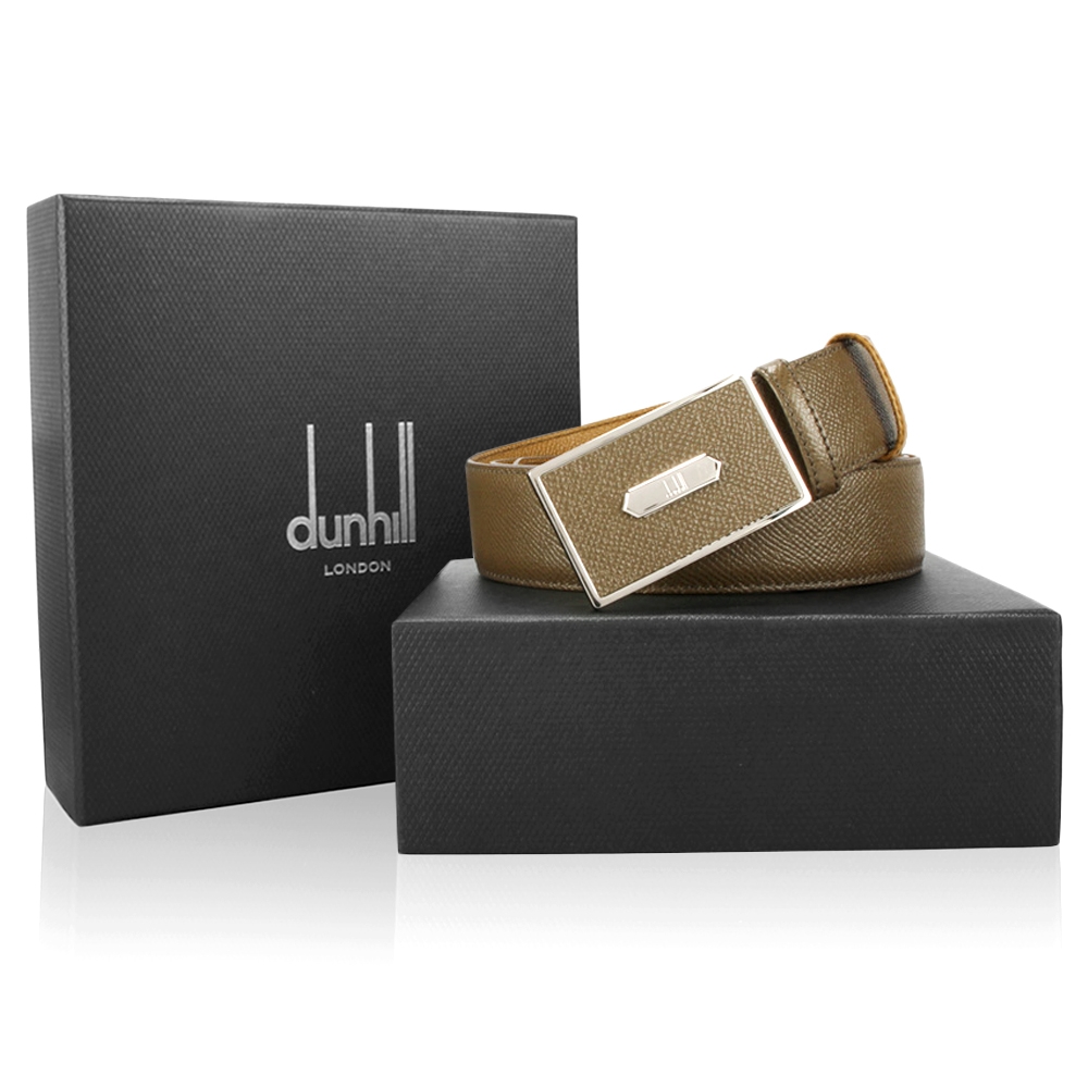 dunhill 經典LOGO質感防刮皮革釦式雙面皮帶-橄欖綠/黃褐色