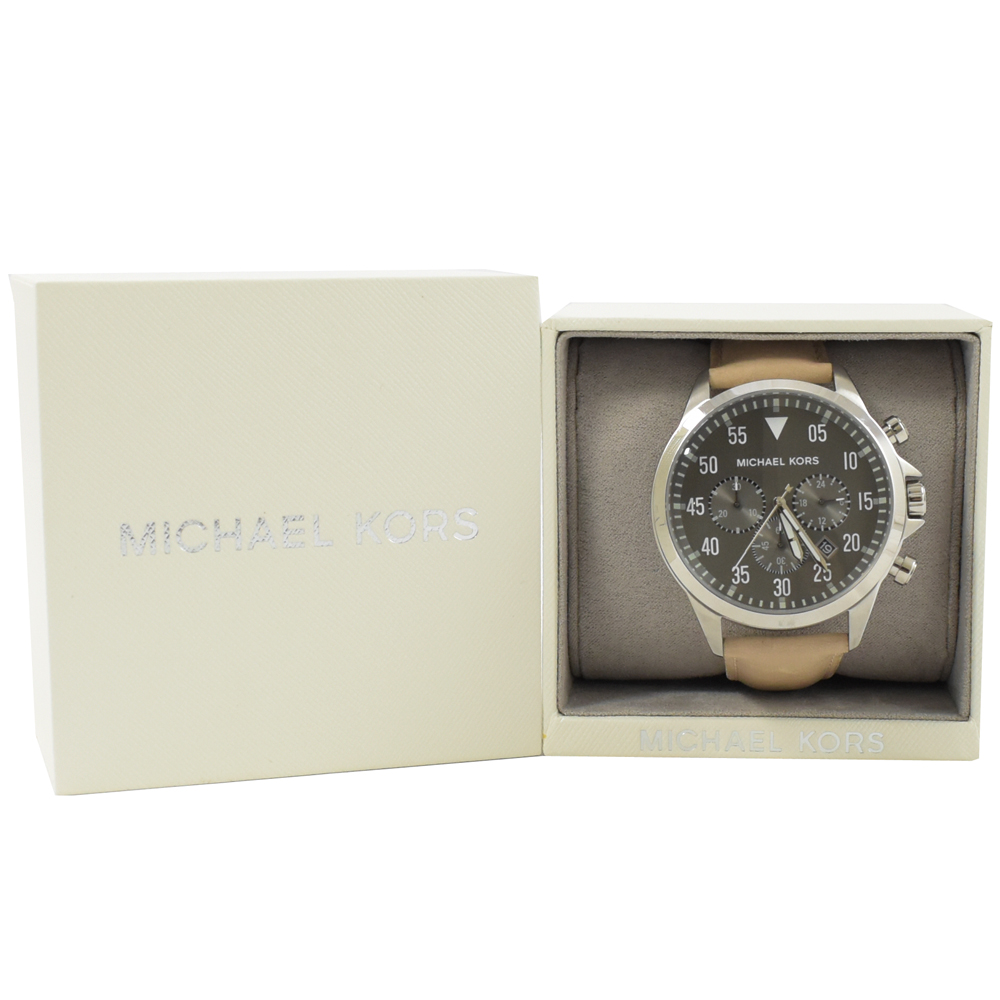 MICHAEL KORS MK8616 皮革帶三眼手錶(卡其/銀)