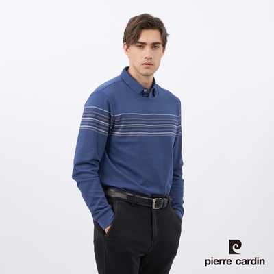 Pierre Cardin皮爾卡登 男款 棉質混紡印花假兩件襯衫領長袖POLO衫-藍色(5235297-37)
