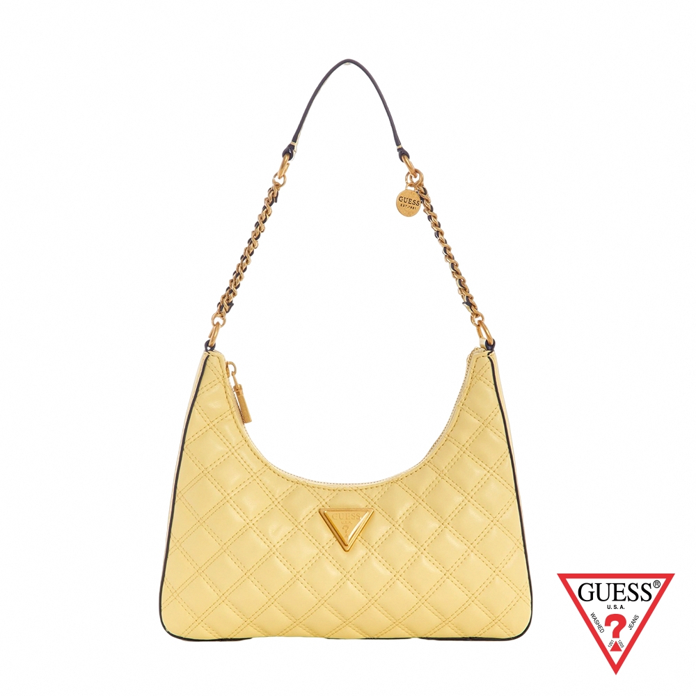 GUESS-女包-GIULLY 時髦上身 衍縫 菱格紋 金鏈 三角 流浪 肩背包 黃 原價3190