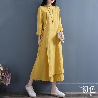 初色 立領中國風復古雙層寬鬆遮肉長袖連身裙洋裝-共4色-33730(M-2XL可選)