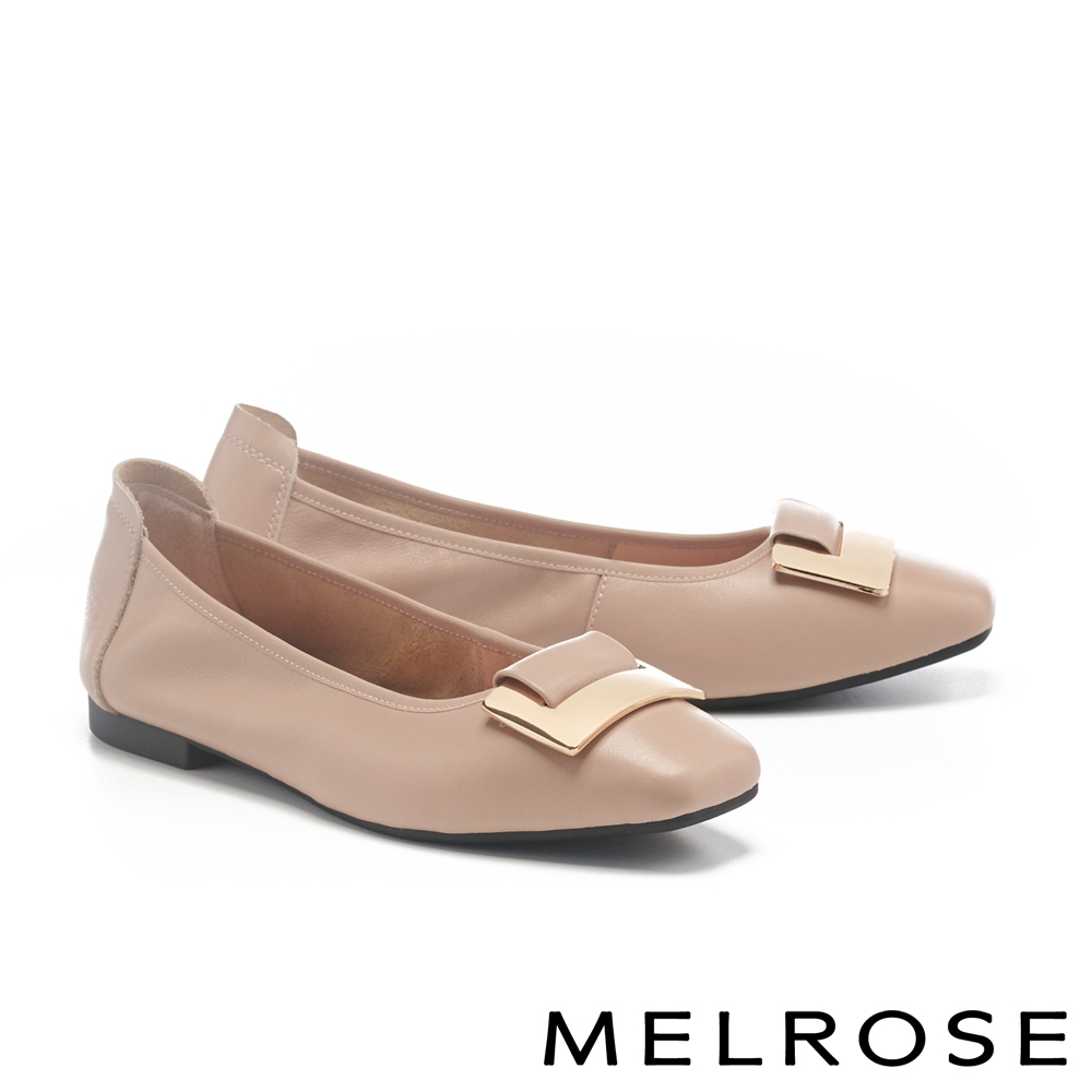 低跟鞋 MELROSE 都會典雅金屬方釦全真皮方頭低跟鞋－米
