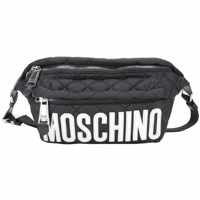 MOSCHINO LOGO 銀色字母菱格衍縫尼龍胸口包/肩背包(黑色)