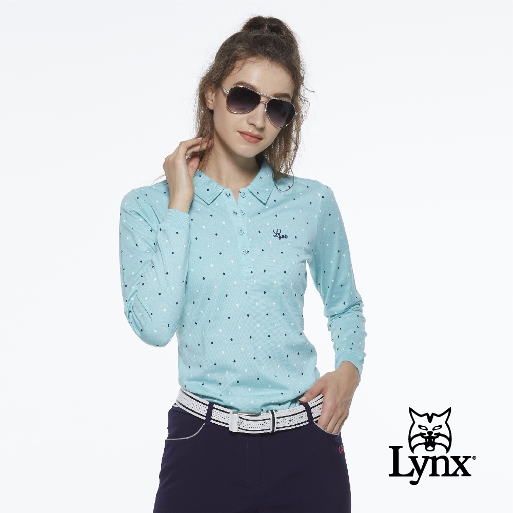 【Lynx Golf】女款純棉雙絲光羅紋袖口小方格印花長袖POLO衫-湖綠色