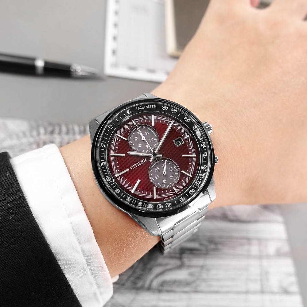 CITIZEN / 限量款 光動能 計時碼錶 日期 防水 不鏽鋼手錶-東京紅/41mm