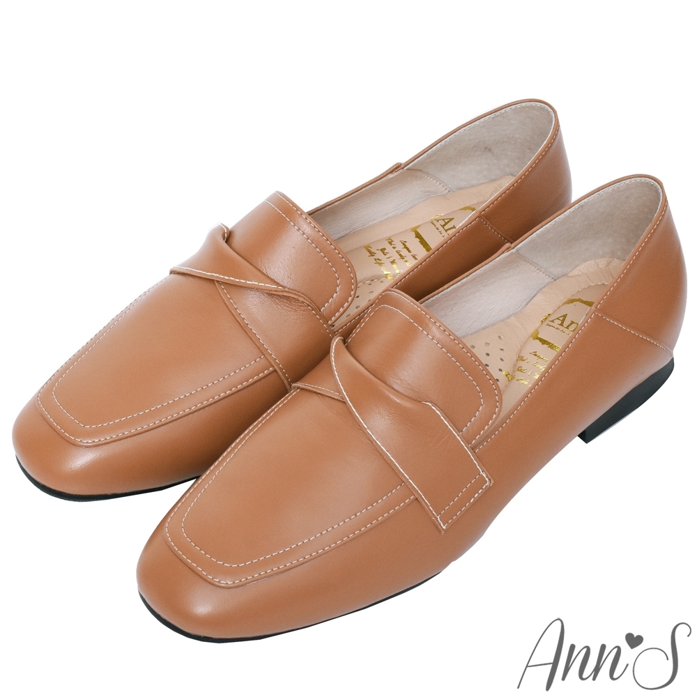 Ann’S超柔軟綿羊皮-素面扭結撞色車線兩穿穆勒平底樂福鞋-棕