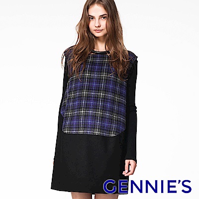 Gennies專櫃-優雅格紋拼接無袖洋裝(紫黑)C2804