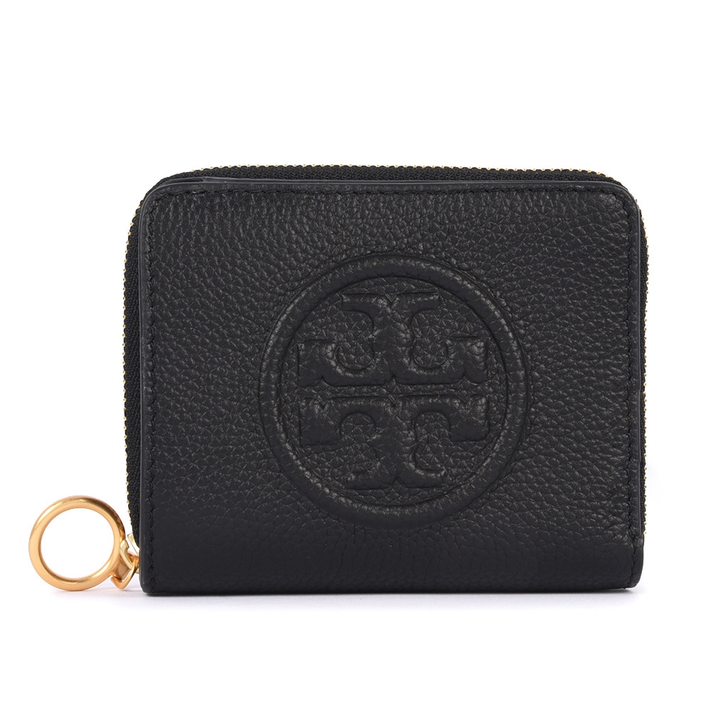 TORY BURCH PERRY 浮雕壓紋LOGO荔枝紋皮革壓扣短夾-黑色