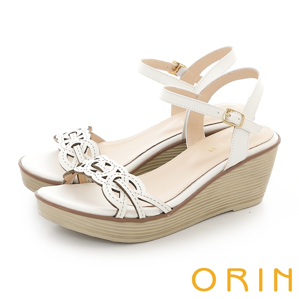 ORIN 創意造型簍空牛皮楔型高跟涼鞋 白色