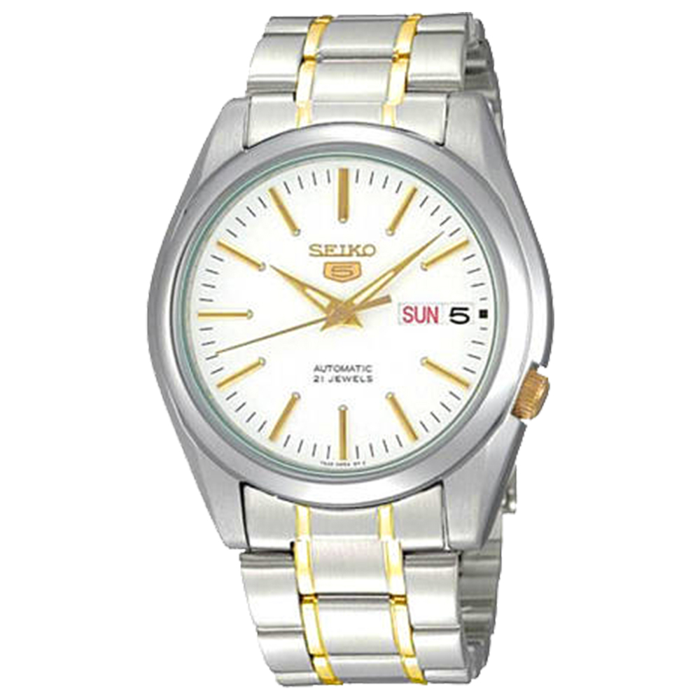 SEIKO 男神經典5號自動上鍊機械腕錶(SNKL47J1)-白+金x37mm