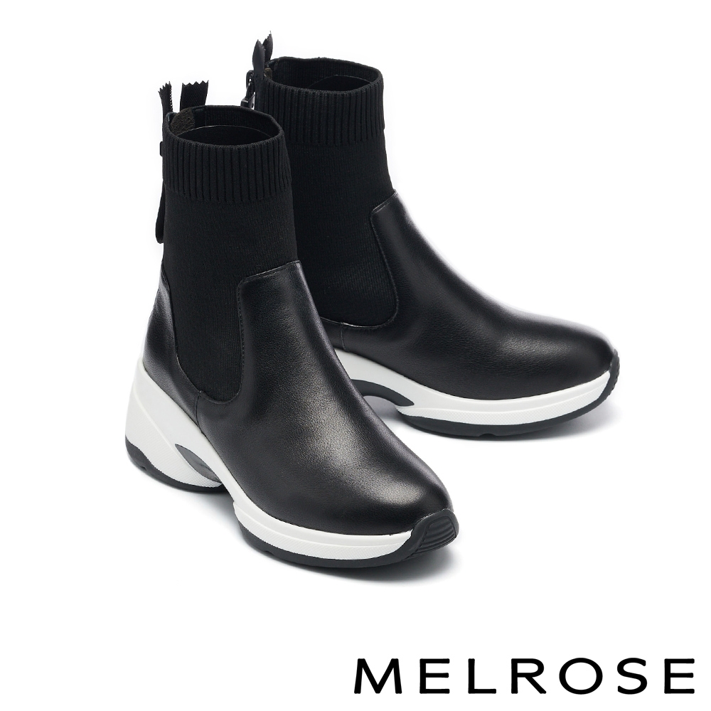 休閒鞋 MELROSE 美樂斯 俐落時髦舒適牛皮拼接彈力飛織高筒厚底休閒鞋－黑
