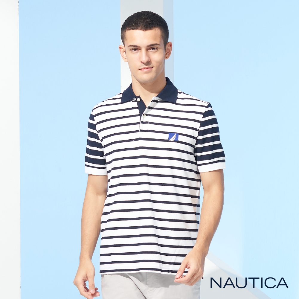 Nautica 男裝吸濕排汗撞色條紋短袖POLO衫-白