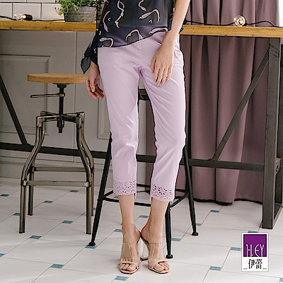 ILEY伊蕾 蕾絲裝飾水洗彈力七分褲(白/紫)