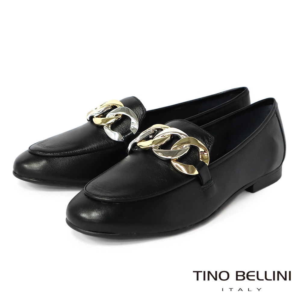 Tino Bellini 巴西進口時尚金屬感串鍊牛皮樂福鞋-黑