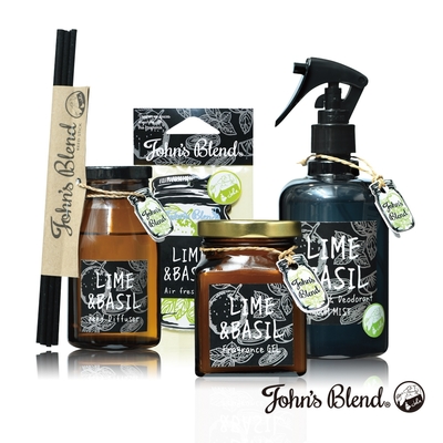 John’s Blend 室內香氛擴香膏+擴香瓶+香氛掛片+除臭噴霧(青檸羅勒-4入組)