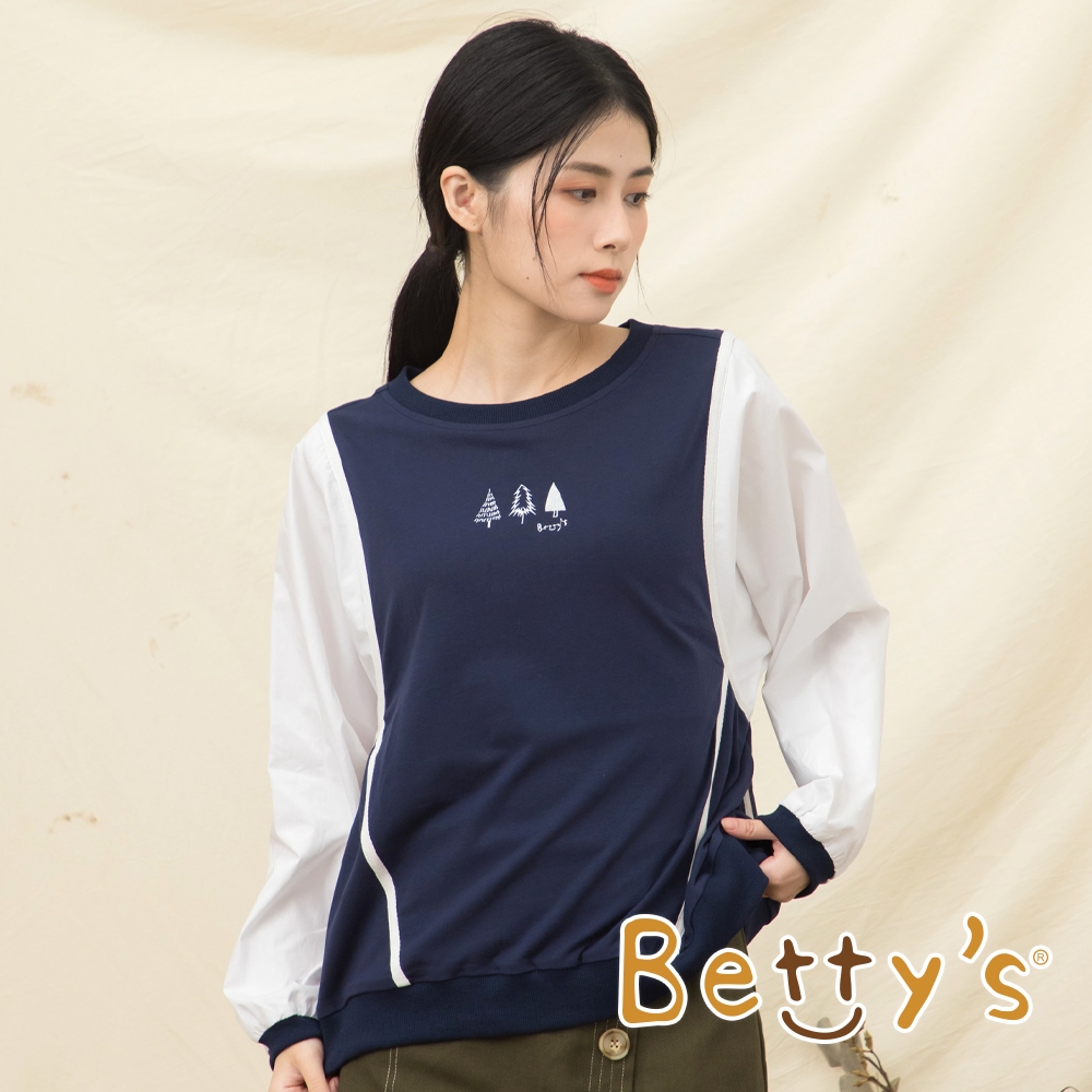 betty’s貝蒂思　三棵小樹繡花袖子拼接T-shirt(藍色)