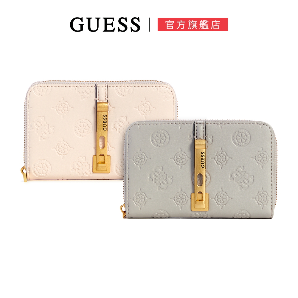 【GUESS】立體壓紋金屬扣拉鍊中夾-兩色可選