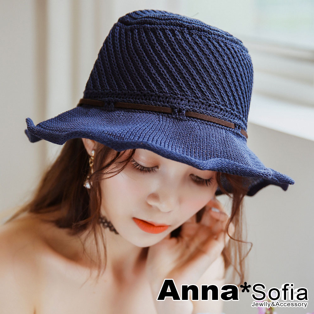 AnnaSofia 波浪邊麂綁結線織 軟式平頂盆帽漁夫帽(深藍系)