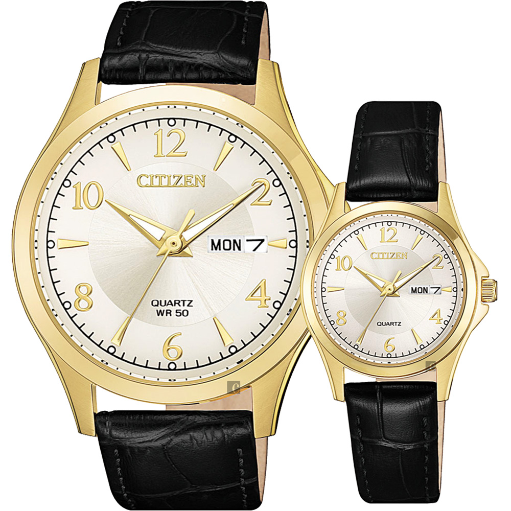 CITIZEN 星辰 經典日曆石英對錶-金框x黑/40+27mm BF2003-25A+EQ0593-26A