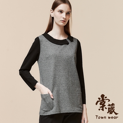 【TOWNWEAR棠葳】千鳥格紋鑽字拼接上衣(女上衣/女上著/口袋/長版/翻領)