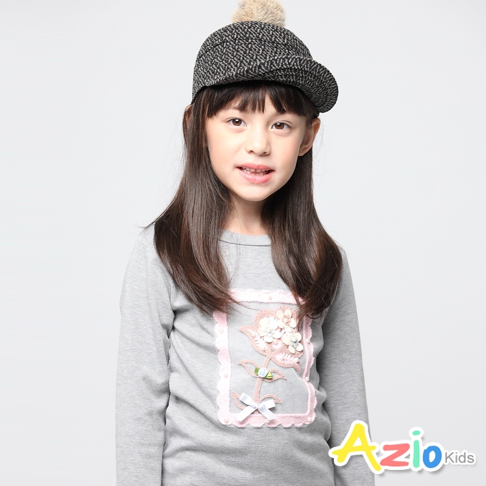 Azio Kids 女童 上衣 花朵框框珠珠網紗上衣(灰)