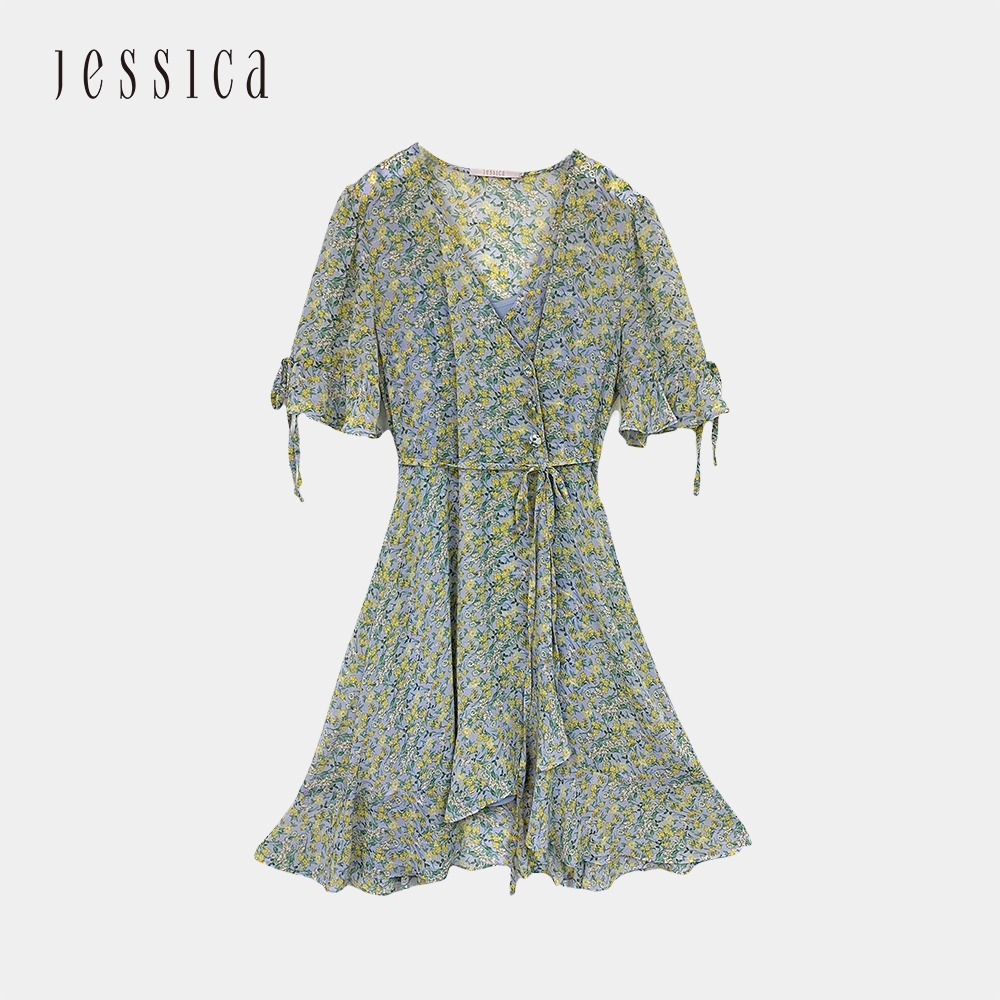 JESSICA - 清新浪漫V領小碎花雪紡短袖洋裝223378