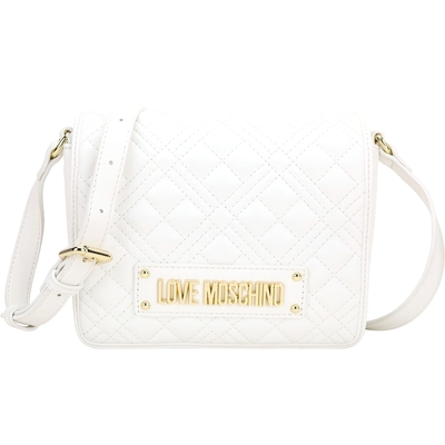 LOVE MOSCHINO 金屬字母菱格皮革翻蓋斜背風琴包(白色)